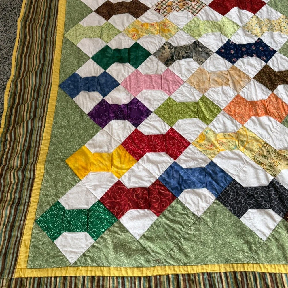 Handmade Patchwork Bow Tie Quilt‎ Multi Color Scrappy Cotton Throw Blanket